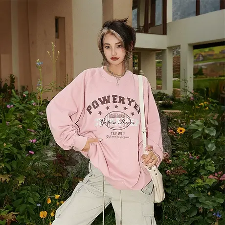 YEP脏粉色插肩袖美式卫衣女复古2023新款宽松春秋上衣ins潮牌外套图片