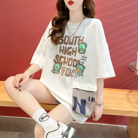 设计感小众ins短袖t恤女夏季韩版宽松大码女装中长款法式上衣服潮商品大图