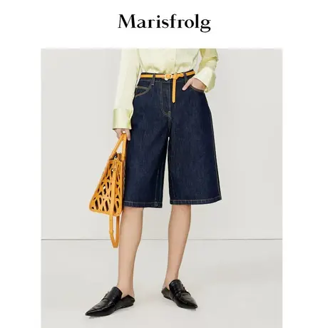 【纯棉面料】玛丝菲尔春季新款深蓝色五分牛仔短裤宽松休闲女商品大图