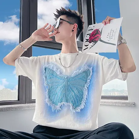 潮牌夏季蝴蝶刺绣短袖上衣t恤新款2023时尚渐变色高级感半袖衣服商品大图
