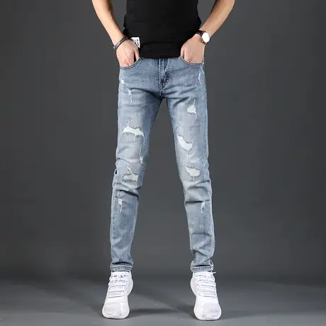 破洞牛仔裤男潮牌夏季新款修身小脚浅色长裤潮流韩版水洗百搭裤子商品大图