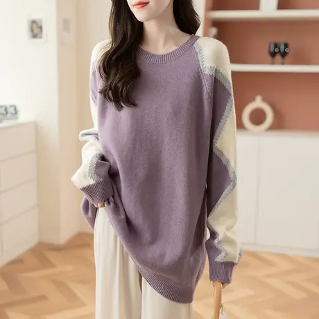 2023秋冬新款韩版女士针织衫上衣宽松套头长袖慵懒风套头拼色毛衣商品大图
