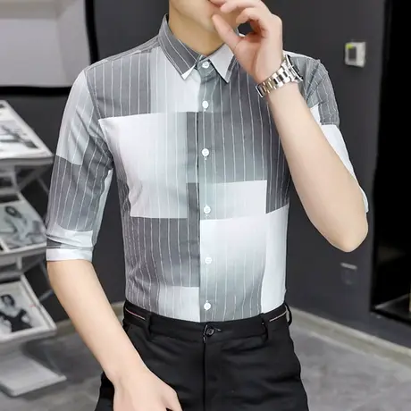 男士衬衫七分袖春夏季高级感条纹中袖衬衣休闲痞帅夏天男装短袖潮图片