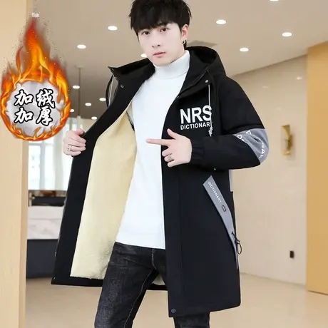 中长款外套男装冬季加绒加厚青少年连帽潮流加棉潮牌风衣夹克棉衣商品大图