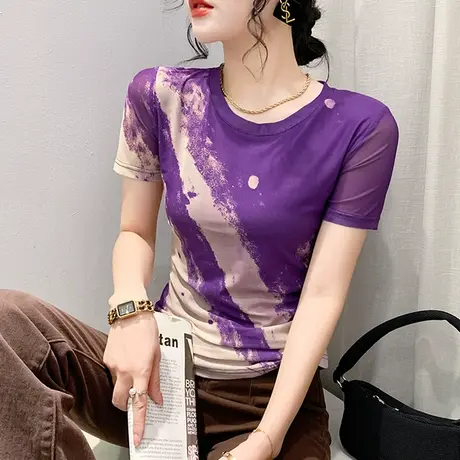 2023夏季新款拼色印花T恤女短袖时尚洋气网纱上衣修身圆领小衫ins商品大图