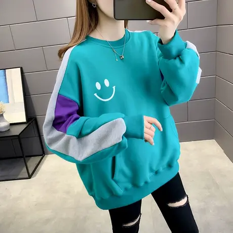 卫衣女春秋薄款2022年新款爆款宽松韩版拼色圆领无帽bf慵懒风外套图片