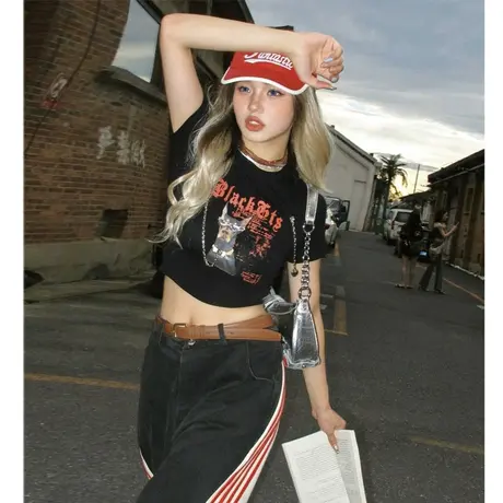 YEP黑色短袖t恤辣妹紧身上衣短款小众设计感女装夏季潮牌美式复古图片