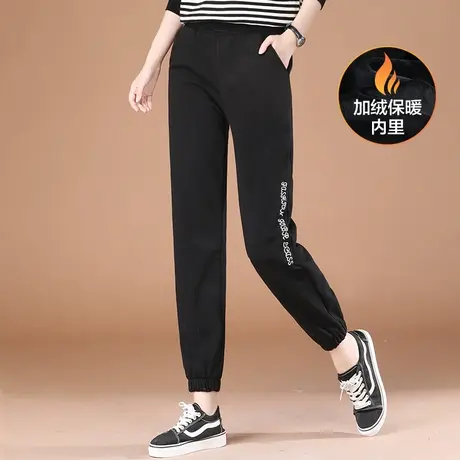 韩潮袭人松紧腰刺绣加绒运动裤女2023冬新款宽松显瘦加厚休闲卫裤图片
