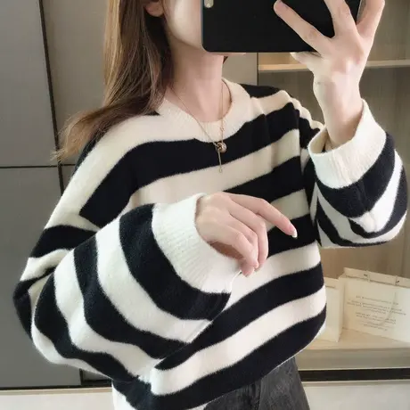 软糯毛衣女秋冬新款爆款复古日系慵懒条纹针织衫套头宽松外穿商品大图