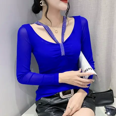 秋季V领网纱T恤女士长袖气质性感打底衫内搭漂亮显瘦洋气烫钻上衣图片