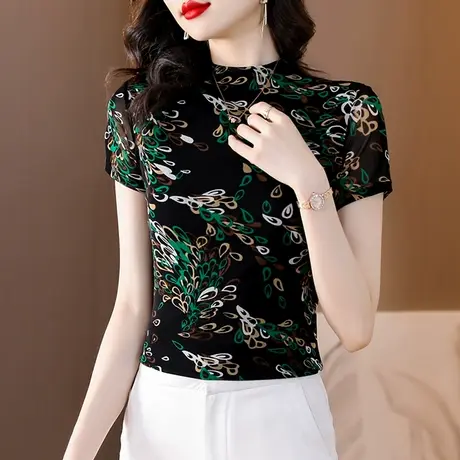 复古网纱短袖T恤女2024夏季新款气质减龄漂亮印花小衫修身上衣ins商品大图