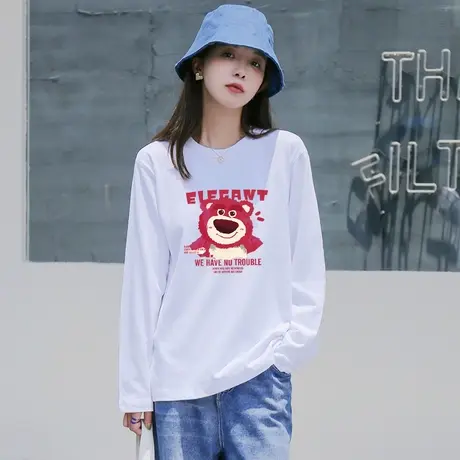 2023新款草莓熊长袖T恤女宽松白色纯棉打底衫秋冬冬内搭上衣ins潮商品大图