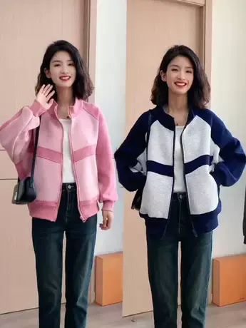 韩系休闲立领拼色棒球服外套女秋2023新款高级感宽松短款夹克上衣商品大图