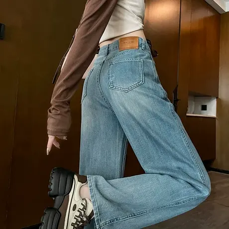 复古直筒高腰阔腿牛仔裤女2023春秋新款宽松显瘦百搭垂感拖地裤子商品大图