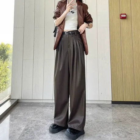 美式复古皮裤女秋冬2023新款高腰垂感高级感西装裤PU皮直筒阔腿裤商品大图