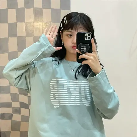 红续春秋新款韩版盐系少女字母宽松ulzzang百搭纯棉长袖卫衣T恤女图片