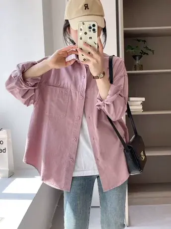 2023年春秋新款韩版宽松休闲显瘦长袖衬衫女简约白色纯棉上衣外套图片