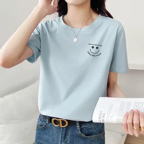 灰蓝色t恤女短袖纯棉宽松上衣2022新款夏季ins潮学生半袖百搭女装图片