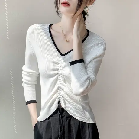 V领长袖打底衫女2023春季新款设计感小众开衫内搭针织衫抽绳上衣图片