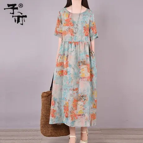 子亦夏装新款苎麻印花系带收腰休闲显瘦圆领宽松连衣裙图片