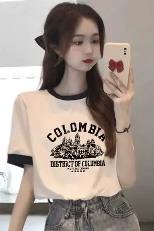 2023夏季新款欧货小众设计感正肩短袖t恤女美式复古洋气减龄上衣商品大图