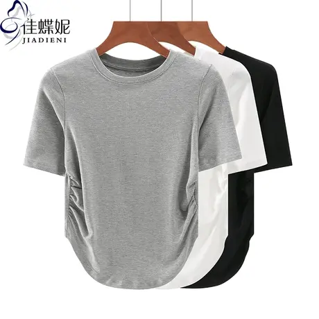 夏季新款韩版圆领纯棉纯色修身褶皱纯欲短款短袖体恤上衣女打底衫商品大图