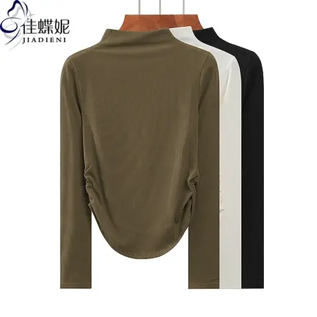 秋冬新款半高领修身褶皱纯欲圆弧纯棉纯色长袖体恤上衣女打底衫商品大图