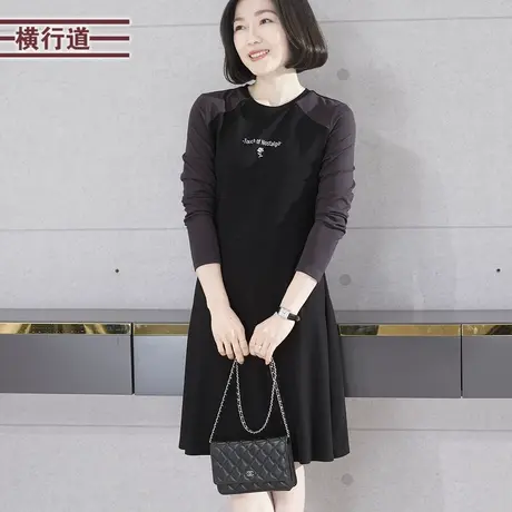 2024春季新款圆领绣花拼色中长款长袖连衣裙女宽松大码中年妈妈装图片