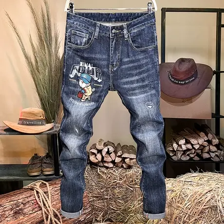 个性图案刺绣牛仔裤男修身韩版小脚裤高端潮牌水洗男装破洞长裤子商品大图