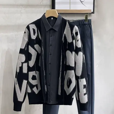 秋冬季男士开衫字母提花毛衣潮流针织衫休闲潮男外套外穿毛线衣服商品大图