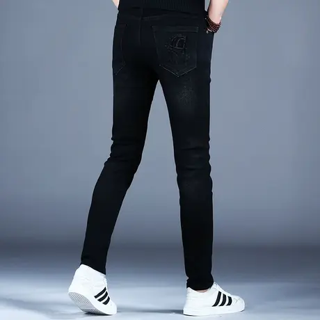 秋冬男士新款纯黑色牛仔裤男款弹力修身小脚裤子高端烫钻印花2023商品大图