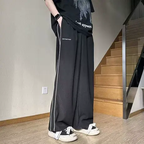 美式休闲裤子男夏季薄款宽松直筒裤潮牌高级感西裤垂感阔腿冰丝裤图片