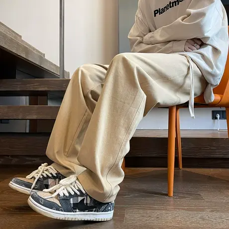 高街休闲裤男秋季宽松直筒日系工装裤潮流宽松垂感纯色阔腿裤长裤商品大图