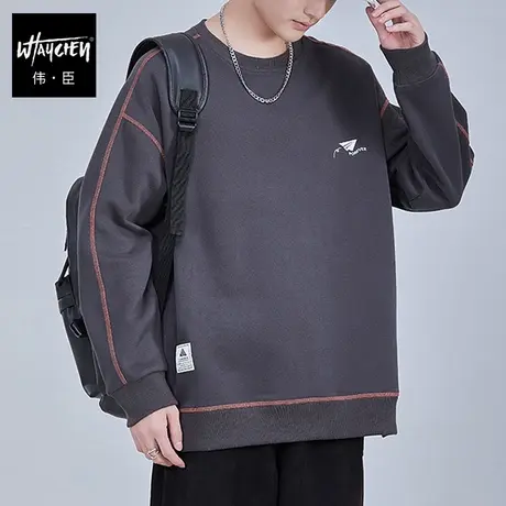 伟臣2022秋冬新品大码男装圆领卫衣男胖子肥佬加肥加大撞色上衣潮商品大图
