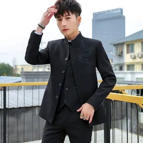 中山装男士青年修身套装中华立领西服装婚礼礼服中国风唐装韩版帅图片