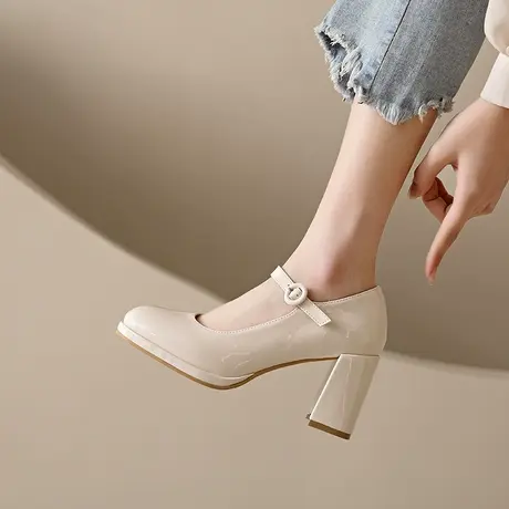 粗跟单鞋女夏季新款2024年配裙子法式温柔高跟鞋玛丽珍白色小皮鞋商品大图