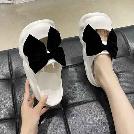 可爱蝴蝶结玛丽珍凉拖鞋女夏季时尚外穿厚底防滑洞洞鞋包头半拖鞋商品大图