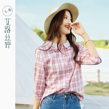 艾路丝婷格子纯棉七分袖衬衫女2023春秋新款娃娃领POLO领宽松衬衣图片