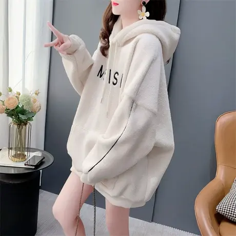 宽松休闲大码加绒加厚羊羔毛卫衣外套女秋冬新款洋气百搭连帽上衣图片