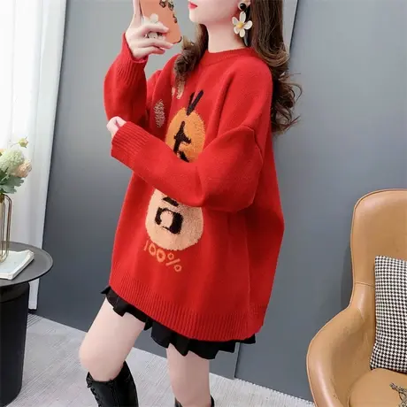 国潮新年红色圆领毛衣女套头2023年新款秋冬宽松软糯百搭针织上衣商品大图