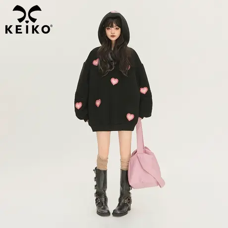 KEIKO [加密绒]甜酷心形绣花连帽卫衣2024早春羊羔毛拼接宽松外套商品大图