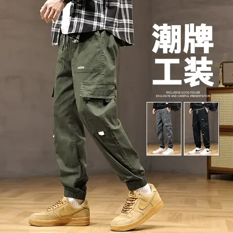 男生美式高街潮牌哈伦休闲裤子秋冬季纯棉束脚军绿色工装2024新款商品大图