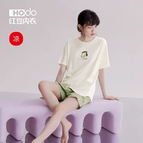 红豆女士睡衣套装莫代尔夏季薄款短袖短裤可外穿棉宽松家居服套装商品大图