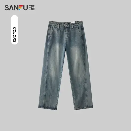 三福2024春季男士前幅分割牛仔裤 潮流宽松直筒长裤男481159商品大图