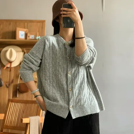 dza 复古麻花羊毛毛衣开衫外套女秋冬内搭棉线针织衫宽松外穿上衣图片