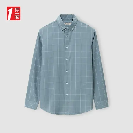 海一家时尚扣领尖领2024春季青春活力格纹男士长袖衬衫图片