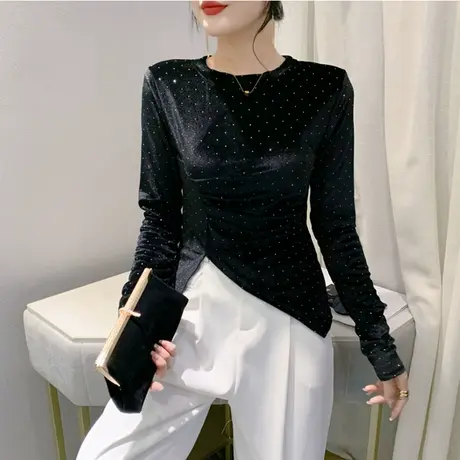 欧货女装圆领长袖打底衫褶皱不规则开叉烫钻收腰上衣女百塔T恤ins商品大图