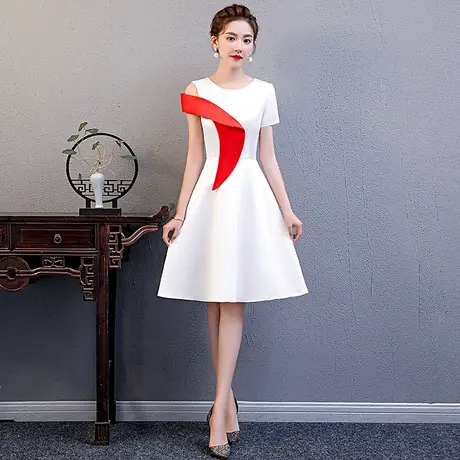 小晚礼服裙女白色礼仪服装学生颁奖演讲比赛朗诵合唱团演出服主持图片