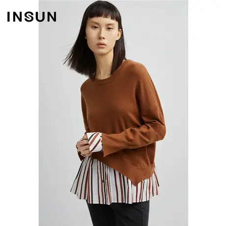 INSUN恩裳秋季复古条纹拼接假两件毛织衫图片
