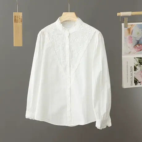 早春纯棉蕾丝白色衬衫女2024春秋季木耳边别致上衣高级感立领衬衣图片